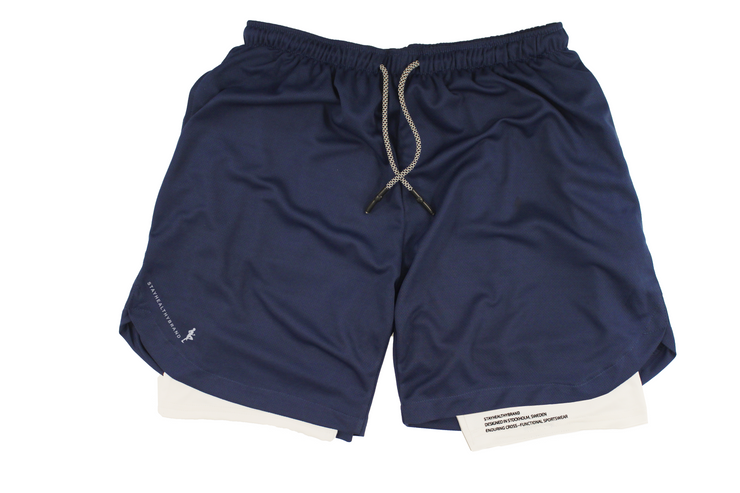 Cross Functional 2-in-1 Shorts with Phone Pocket, tee/towel loop & zipper pockets - Navy Blue [StayHealthyBrand] Sportswear, gymwear, runningwear, clothing